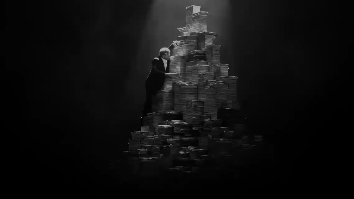 A man climbing a mountain of paper in Knowa's marketing film